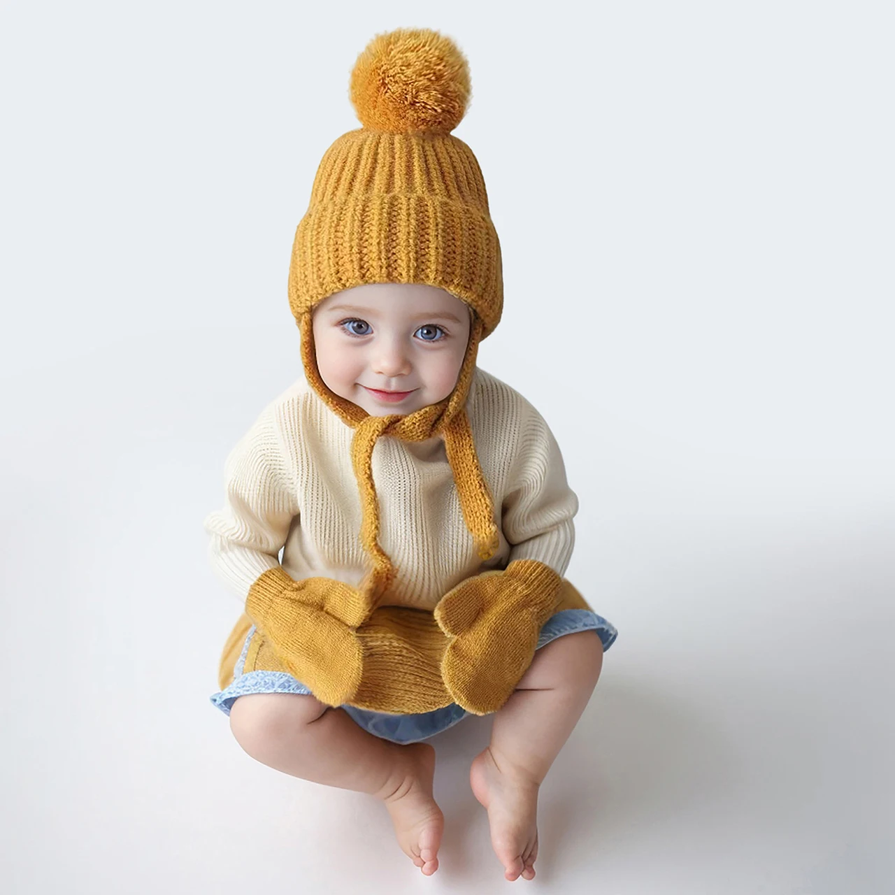 

Вязаные варежки для новорожденных, комплект шапок, зимняя теплая защитная шапка для ушей, детские перчатки без пальцев, однотонные детские шерстяные шапочки