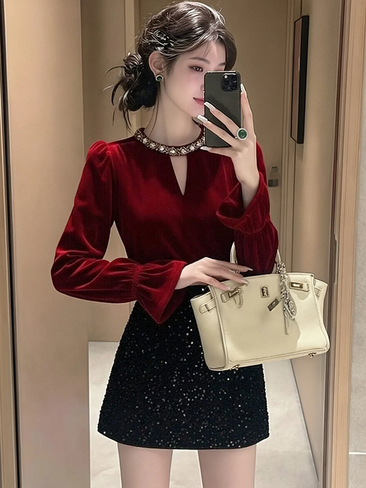 

Red Velvet Top And Skirt Set plus Size Women's Faion Autumn Winter Outfit Unique Beautiful Ensemble for Ladies