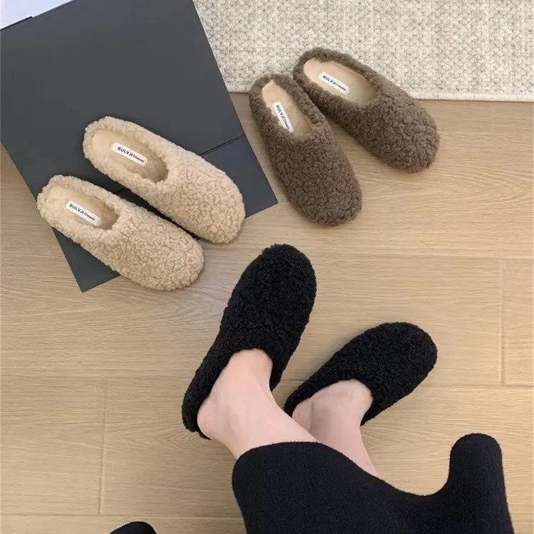 Flock Shoes Mules For Women 2024 Slippers Flat Luxury Slides Fur Flip Flops Loafers Pantofle Cover Toe Winter Footwear Designer