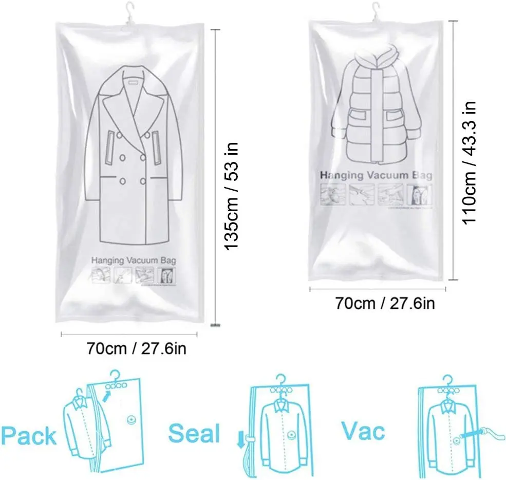 Hanging Vacuum Bags Space Saver Bags for Clothes Compression Storage Bags Closet Organizer with Heavy Duty Hooks