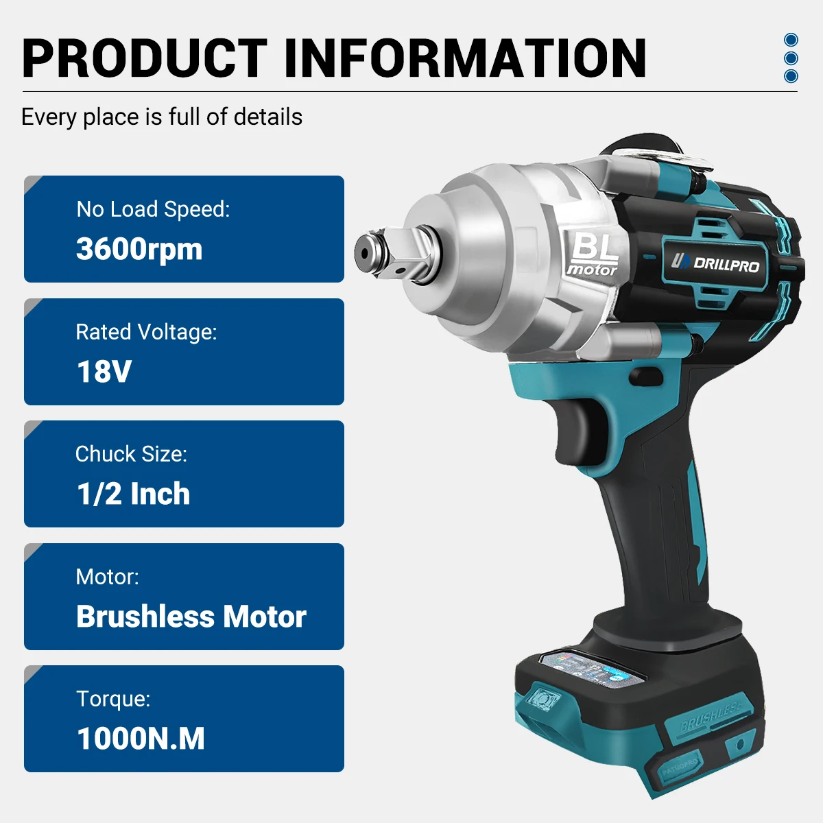 Drillpro 1000N.m Chave de impacto elétrica sem escova 1/2 POLEGADAS Chave portátil sem fio para rodas de carro Ferramenta elétrica para bateria Makita