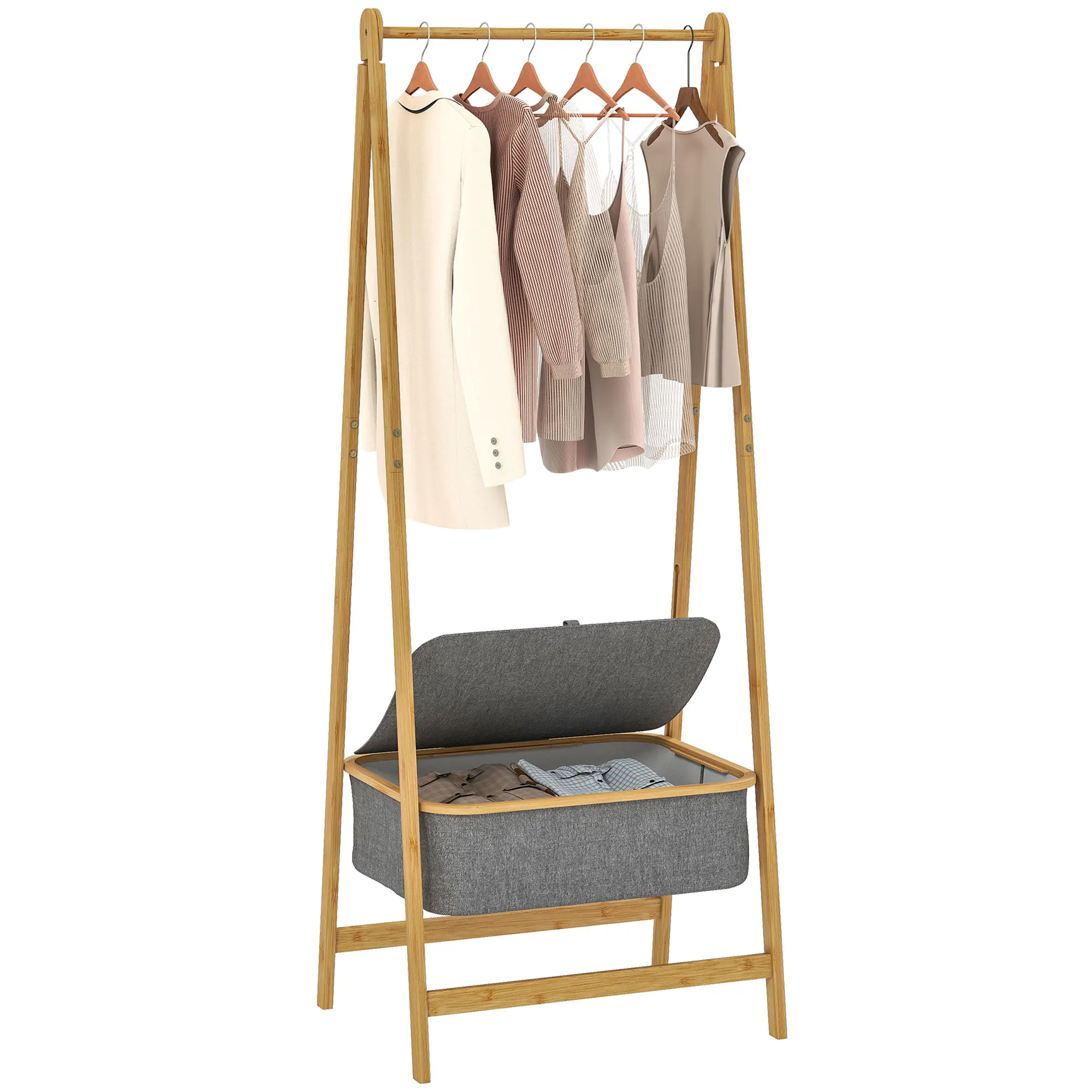 Homcom Porte-vêtements en bambou Donkey avec panier en tissu avec couvercle, porte-vêtements pliable en forme d'âne, porte-manteau pour couloir, entrée, chambre à coucher, 60 x 4,5 x 157,5 cm, naturel