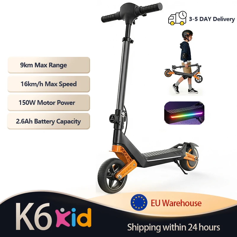 Trottinette électrique pour enfants K6 6,5'' 150W 21,6V2,6Ah Bluetooth Lumières LED 3 vitesses 16 km/h Pliable Double suspension 7-9 km d'autonomie eScooter