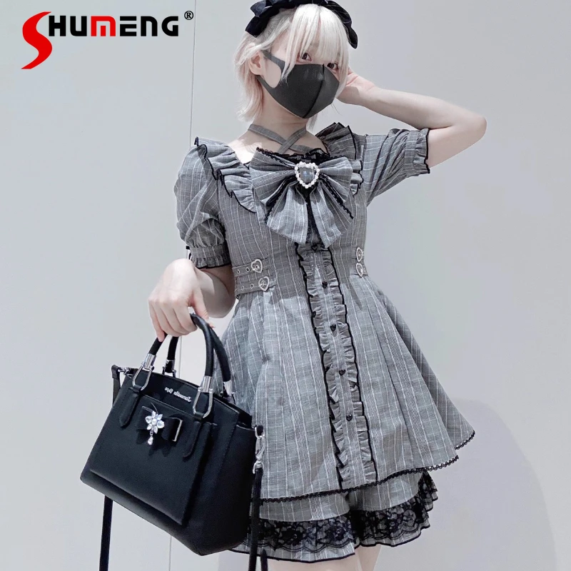

Subculture Mine Mass-produced Dress Set Summer 2025 Japanese Girls Sweet Big Bow Halter Plaid Top and Shorts 2-piece Set Outfits