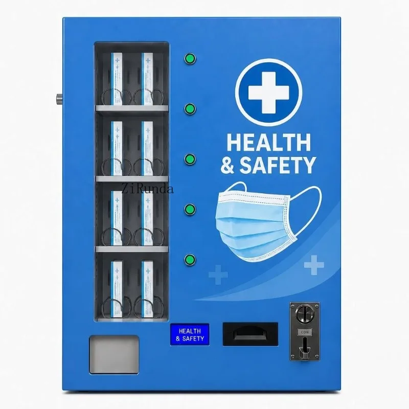 Wall-mounted mini vending machine: Choose product currency, banknotes, card payment. Compact hygienic and safe dispenser