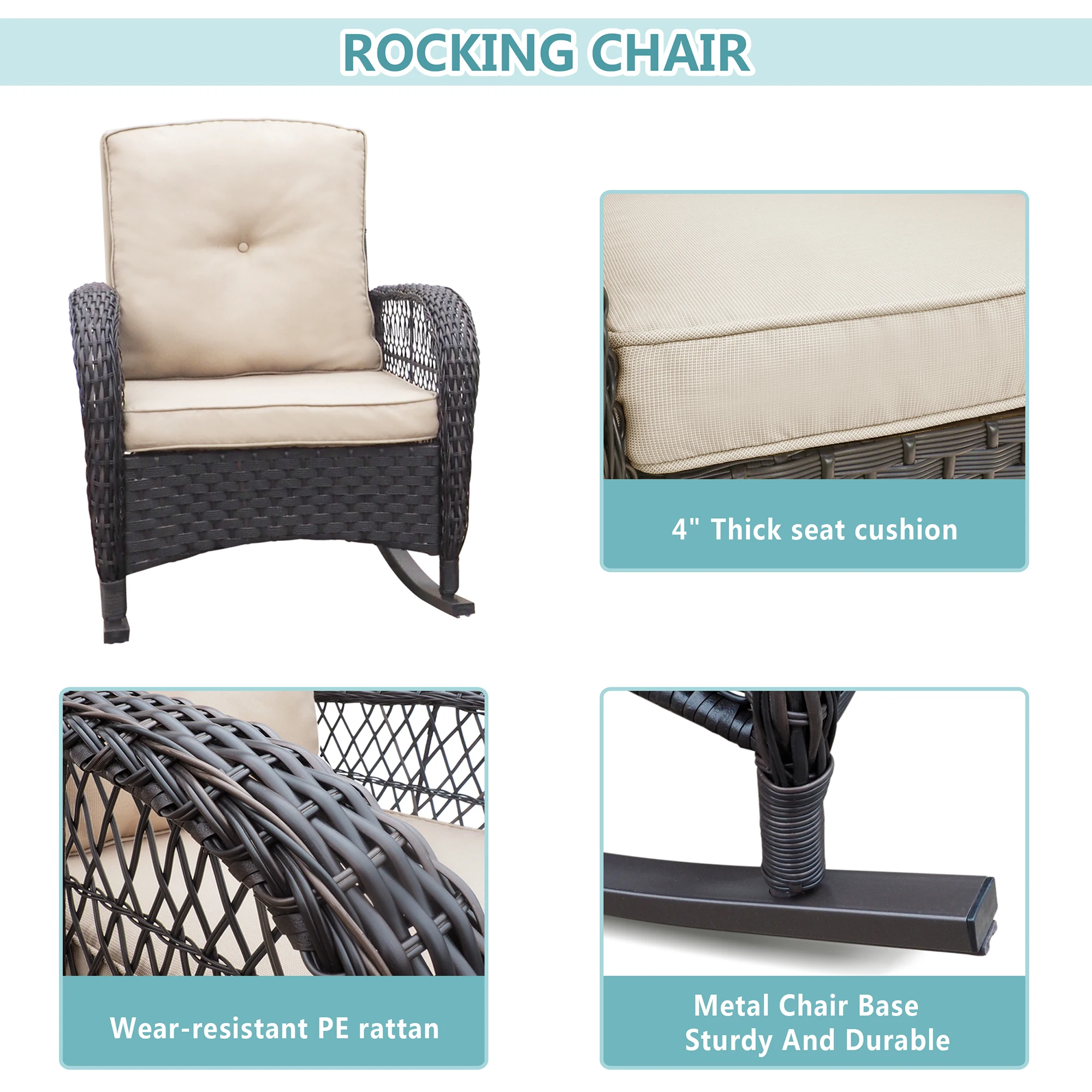 Outdoor Resina Wicker Cadeira de balanço com Olefin Almofadas, Pátio Quintal Móveis Club Rocker Chair, Black Wicker & Almofadas Khaki