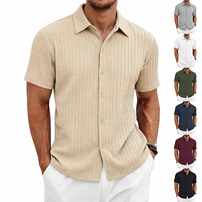 Men's Summer Men's Texture Casual Simple Short Sleeve Knitted Lapel Shirt Men's T-Shirt