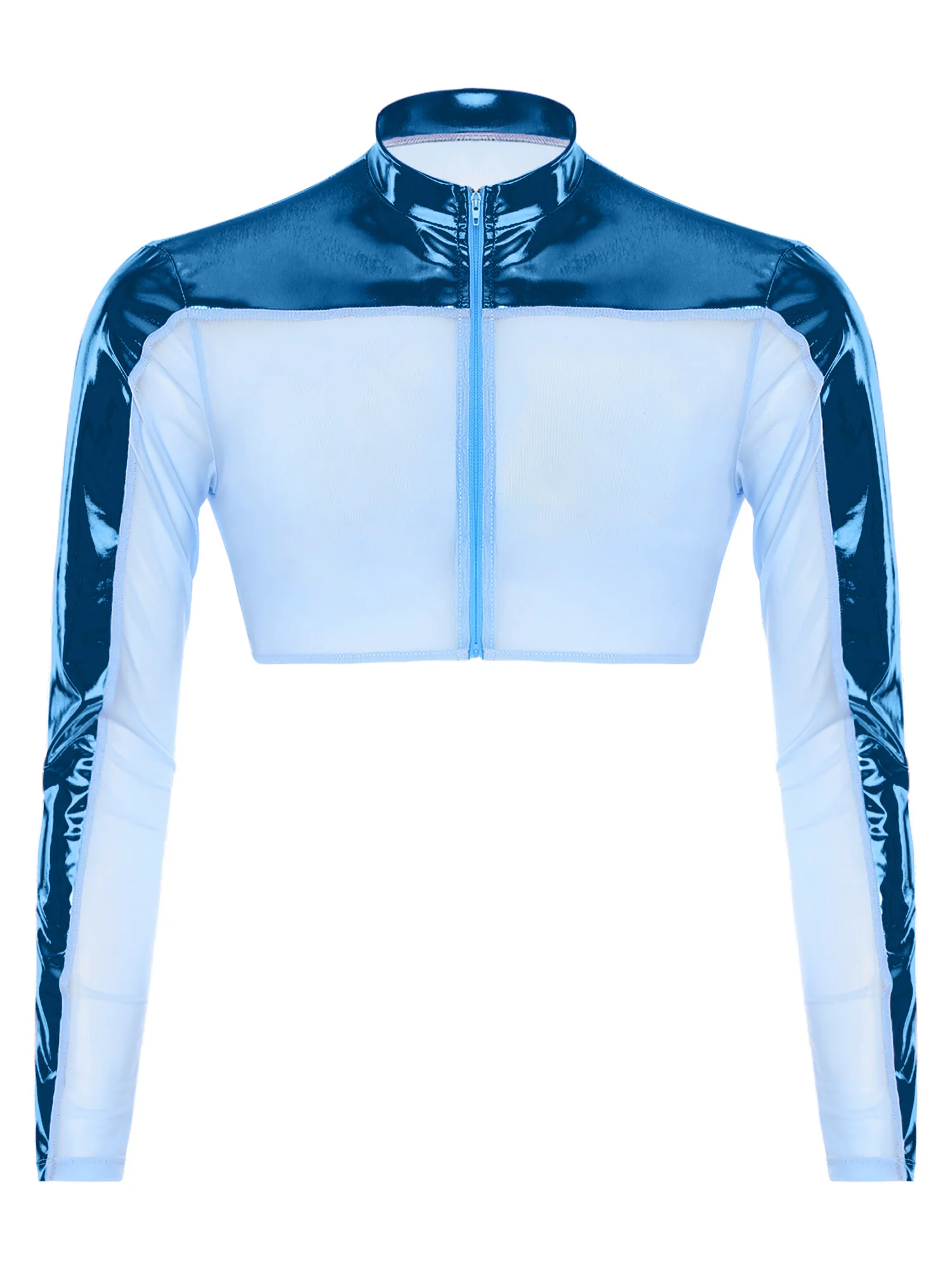 

Men Shiny Metallic Crop Top Crew Neck Long Sleeves Front Zipper Half Tops See Through Mesh Tops Glitter Top Club Wear