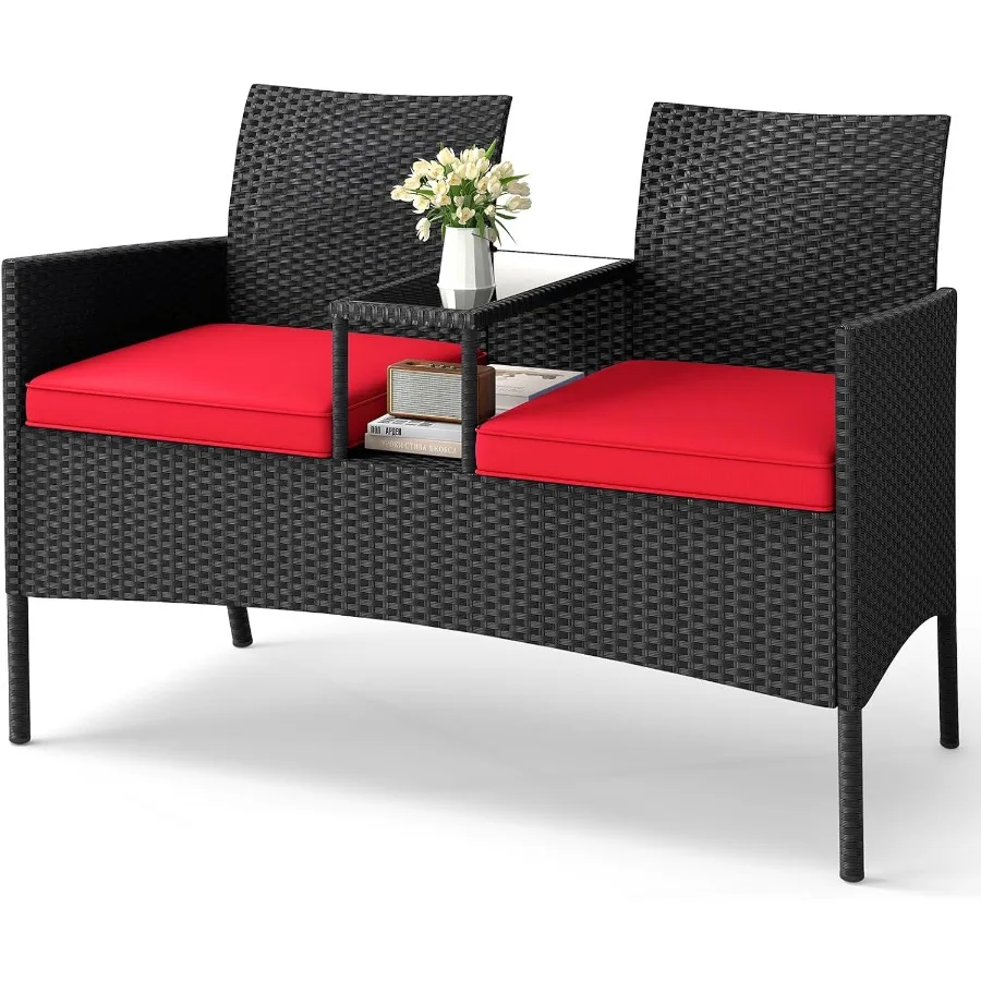Tangkula Patio Loveseat met ingebouwde tafel Rieten 2-zitsmeubilair met zachte kussens Gehard glazen tafelblad Metalen frame Outdoo
