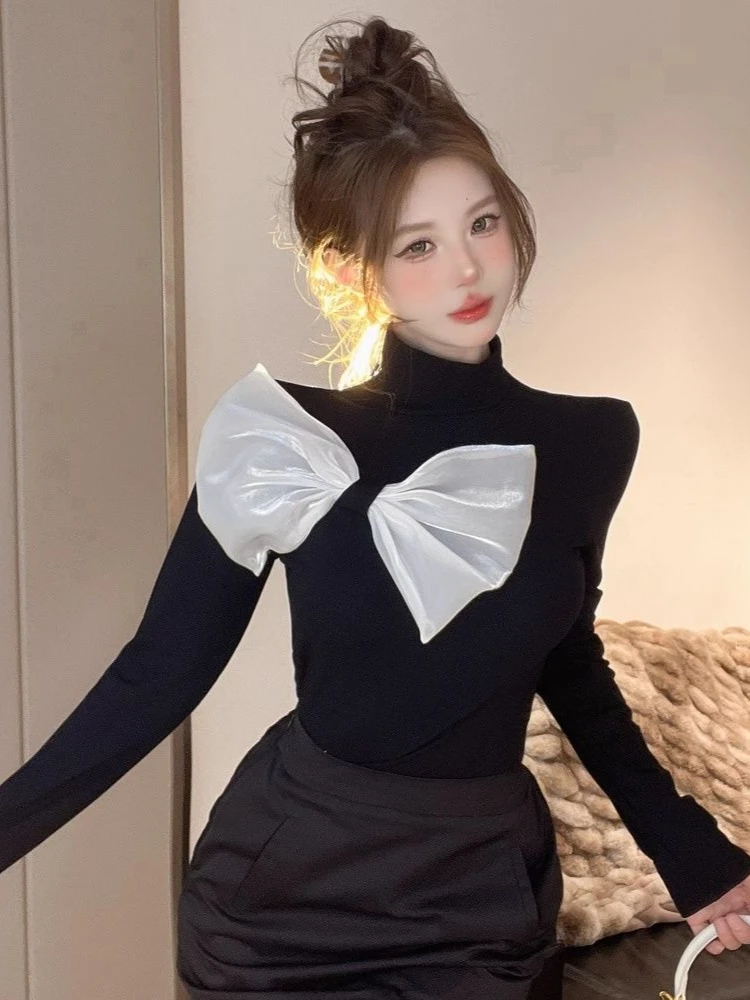 

Новые женские футболки с воротником-стойкой в стиле ретро, облегающие, осенние, повседневные, милые, с пэчворком, элегантные, с длинным рукавом