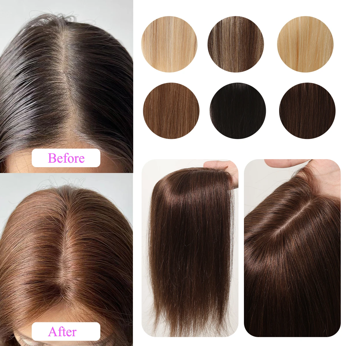 Remy Human Hair Toppers Middle Part Black Brown Hair Pieces for Women with Thinning Hair Silk Base Clip in Hair Extension 12in