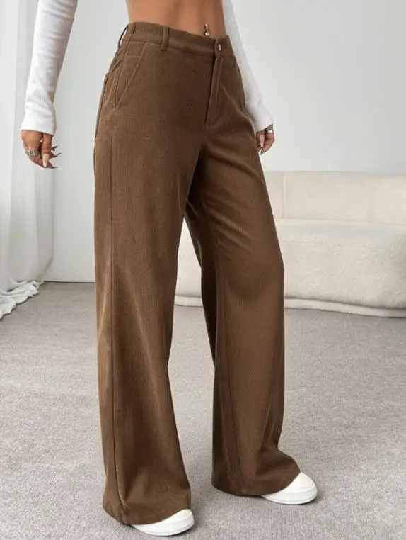 

2026 Elegant Autumn New Fashion Women's Wide Leg Casual Straight Leg Pants Classic Brown Corduroy Pants