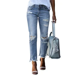 Jeans dritti con nappe con fori rotti alla moda Pantaloni in denim con bottoni a vita media da donna Pantaloni casual da donna Trend Streetwear