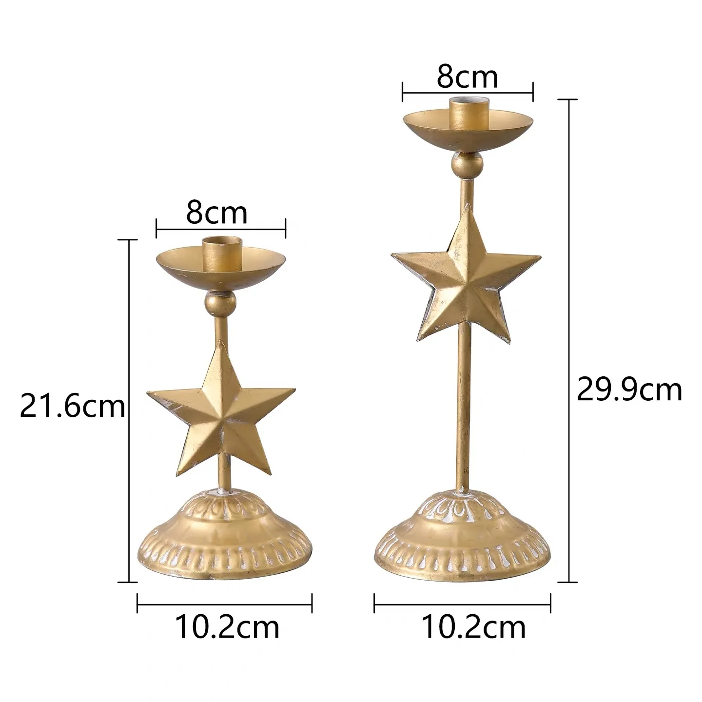 Vintage Gold Star Candle Holders Set of 2, Distressed Iron Taper Candlestick Stands for Wedding Table Christmas Decor