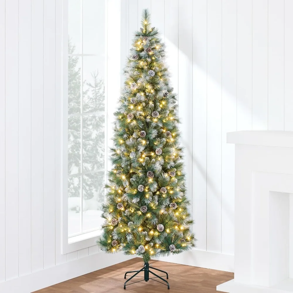 Pre-lit Pencil Christmas Tree, Frosted Scotch Pine Slim Holiday Tree Decoration, Skinny Xmas Tree