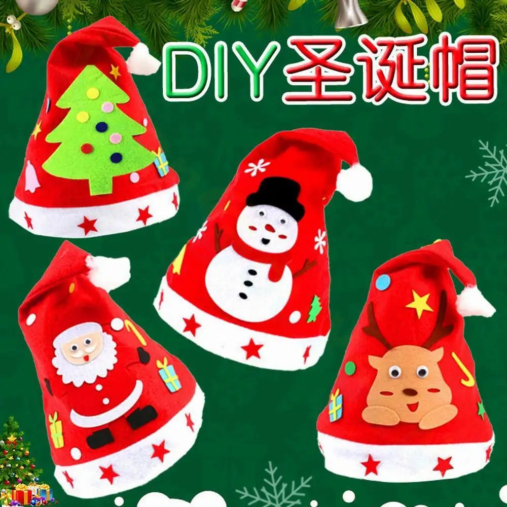 DIY Handmade Christmas Hat Non-woven Fabric Santa Claus Snowman Xmas Cap Toys for Kindergarten Children New Year Gifts