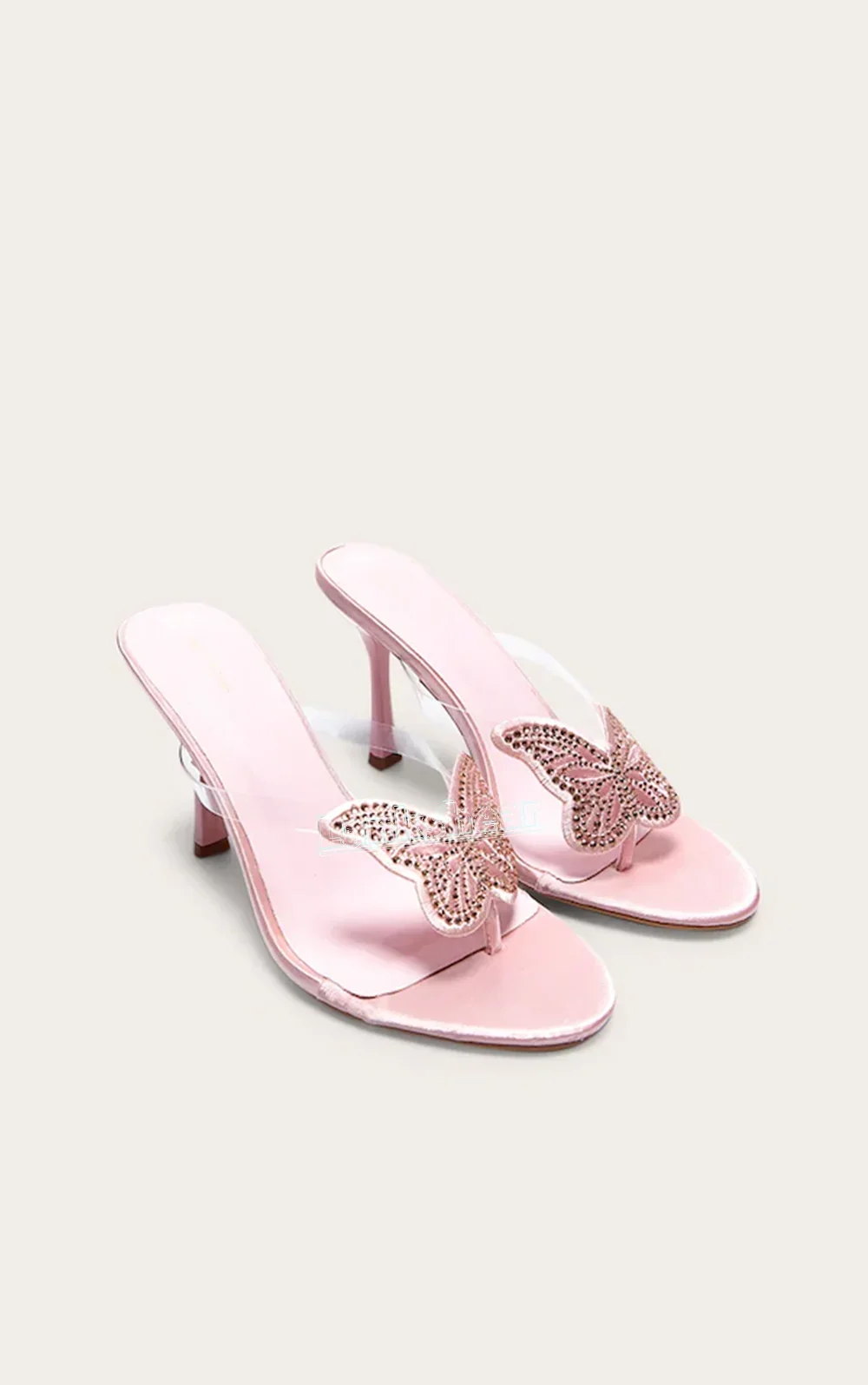 Sweet Pink Butterfly Rhinestone Sandals Round Open Toe Split-toe Shoes PVC Pull-on Thin High Heels Stilettos Girl Mules Dress