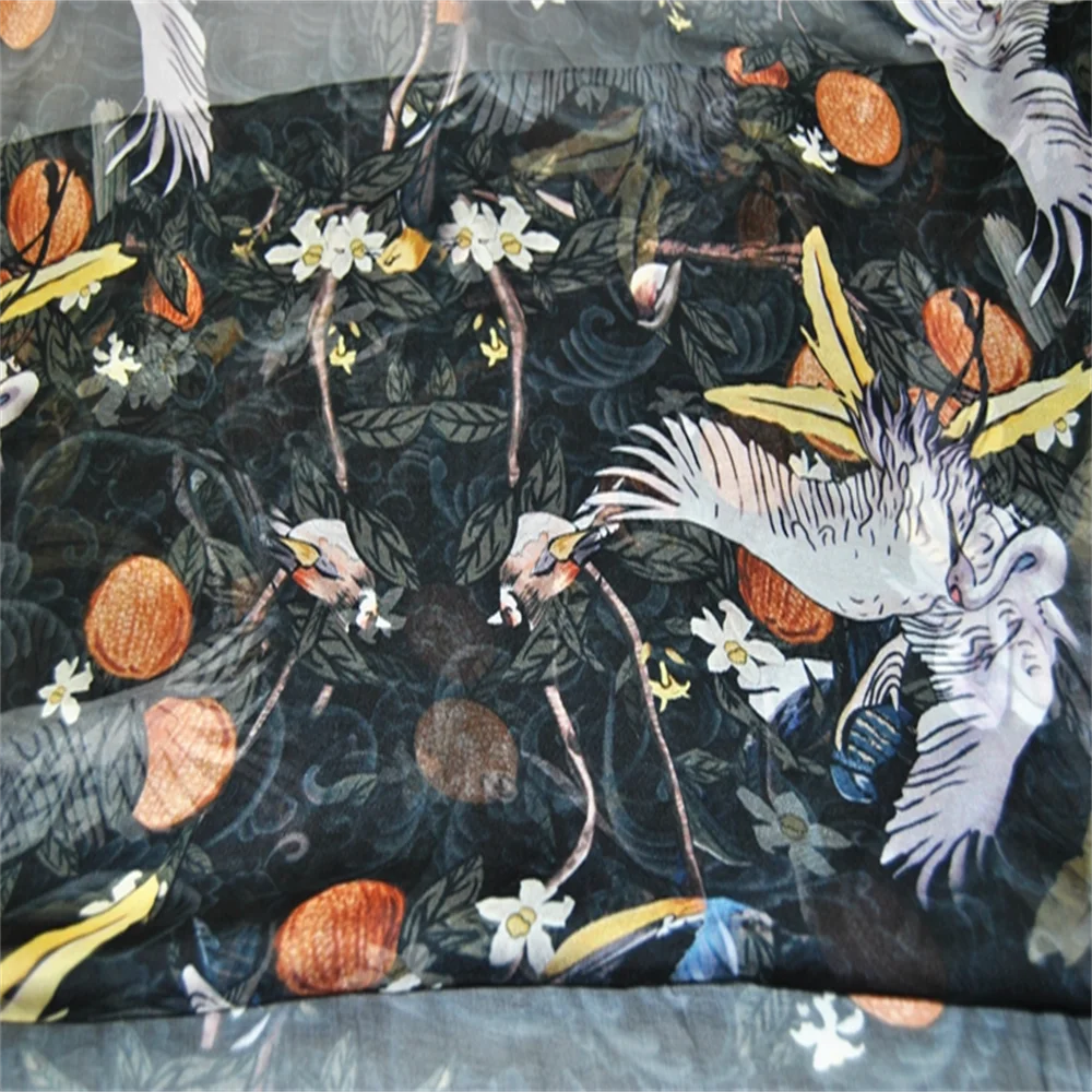 Classic Style Red-crowned crane Design Breathable Material Good Quality Silk Chiffon Fabric for Garment