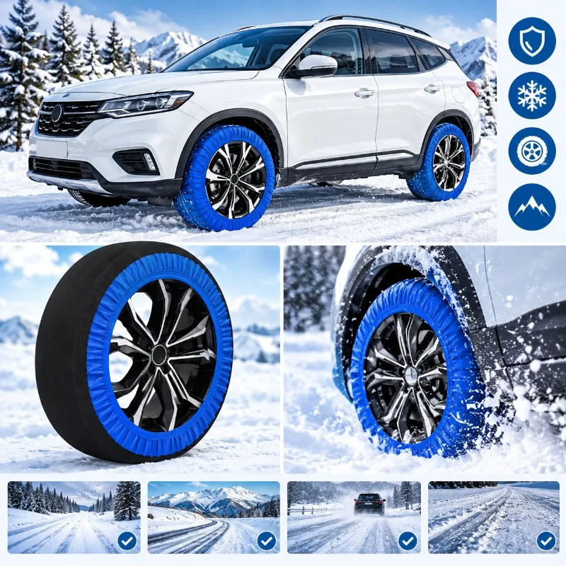 1PC Blue Car Snow Socks Polyester Textile Tire Chains Anti Skid Traction Covers for Winter Ice Snow SUV Trucks Emergency Driving