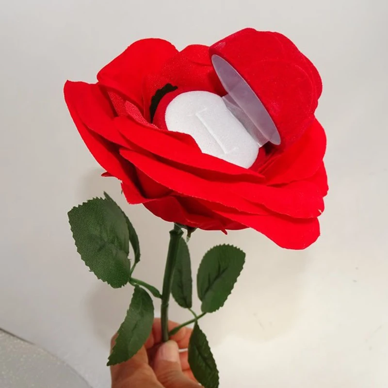 Cteative-cajas de anillos de flores de rosas, soporte de exhibición de pendientes de rosa de terciopelo rojo, caja de regalo, caja de almacenamiento de joyería de compromiso de boda nupcial