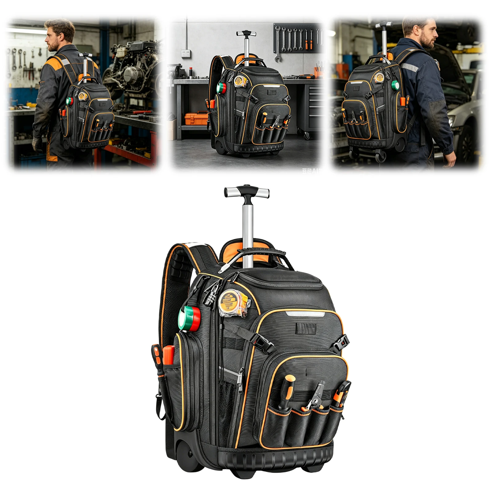 Backpack Tool Bag USB Charging Port Tool Organizer Waterproof Base Rolling Electrician Bag for Electrician Construction Mechanic