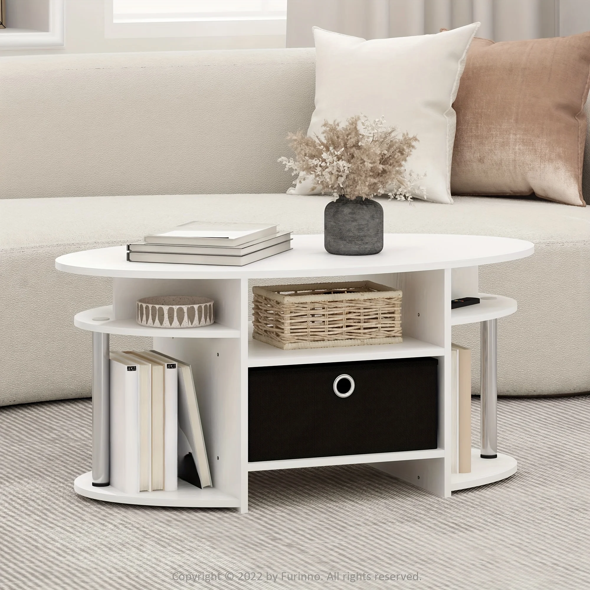 

Modern Oval Coffee Table with Storage Bin - Space-Saving, Sturdy Hardwood Construction, Easy Assembly, 15.74" Diameter