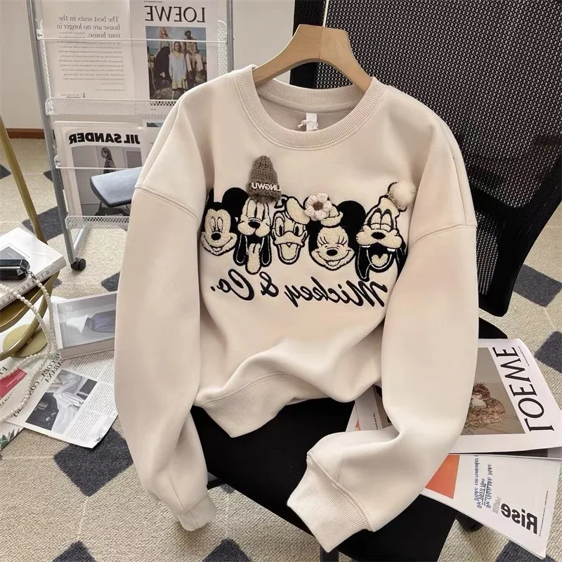 Disney Mickey Plush Sweatshirts Embroidery Anime O-neck Short Pullover Disney Clothes Casual Long Sleeve Sweatshirt For Women