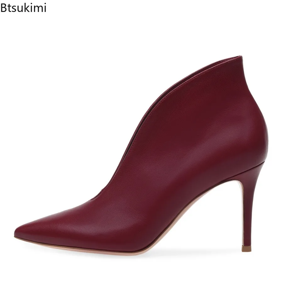 New 2025 Spring and Autumn Women's Leopard Ankle Boot Pointed Shallow Leather Suede Boots Thin High-heeled Banquet Dress Shoes