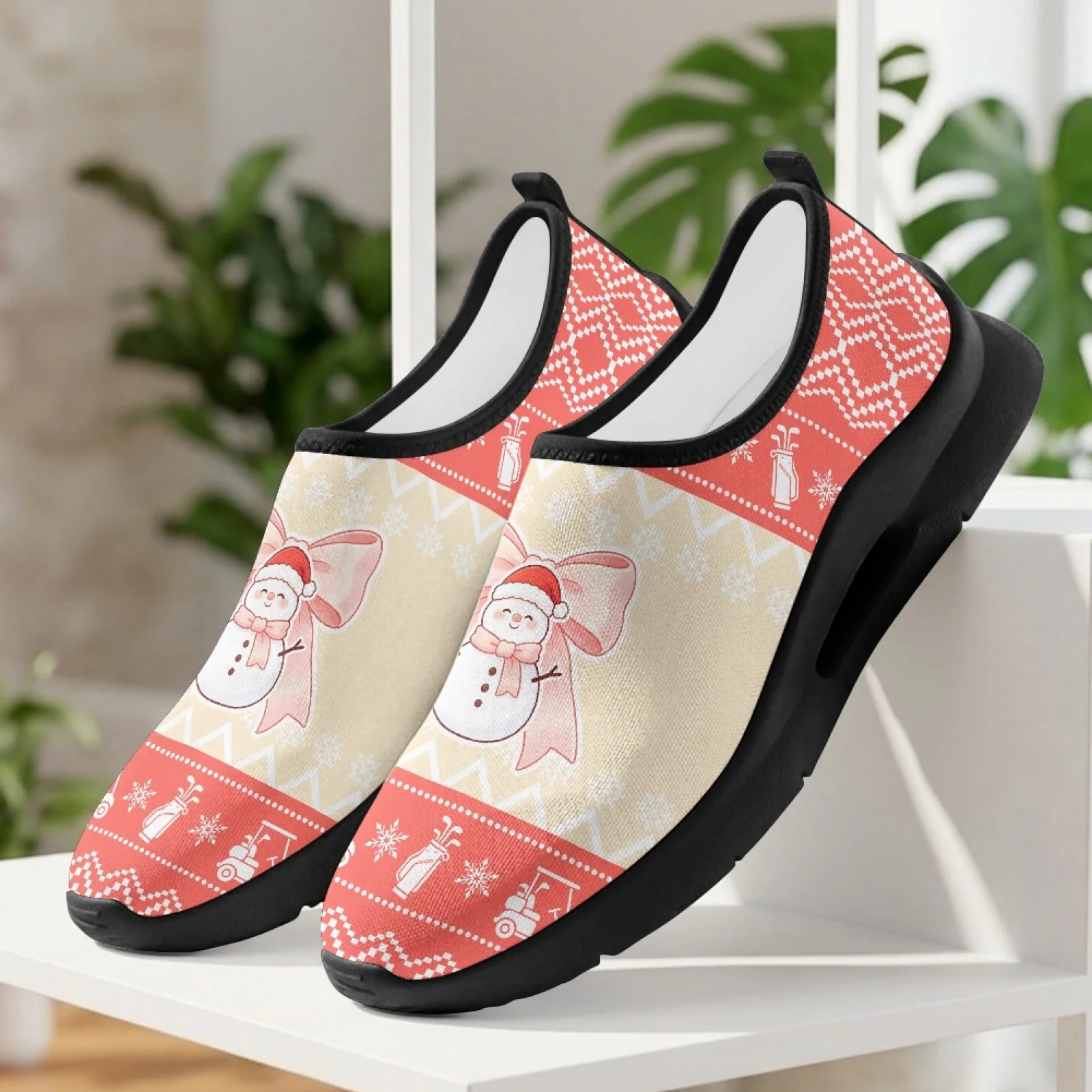 PENSTROLL Christmas Walking Flats Featuring Snowman Pattern, Mesh Low Top Slip on Casual Walking Shoes for Men Summer Daily Wear