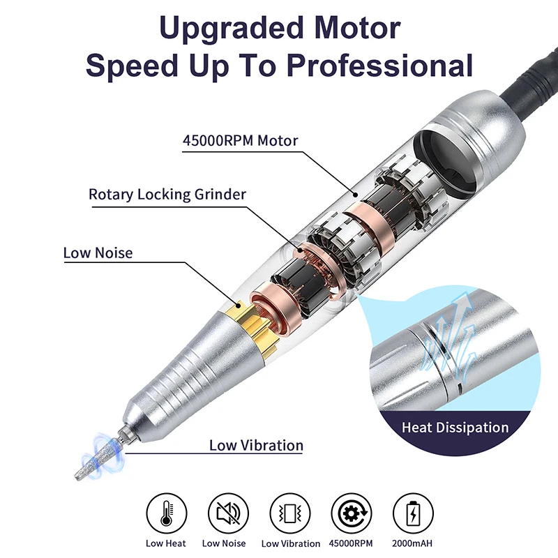 Máquina elétrica da broca do prego, brocas profissionais do prego para o polonês das unhas do gel, lima portátil recarregável do prego, ferramenta do manicure, 45000RPM