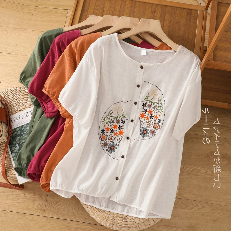 Chemises d'été pour femmes, haut en coton et lin brodé de fleurs, chemisiers amples décontractés à manches courtes, chemise blanche, manteau Cardigan