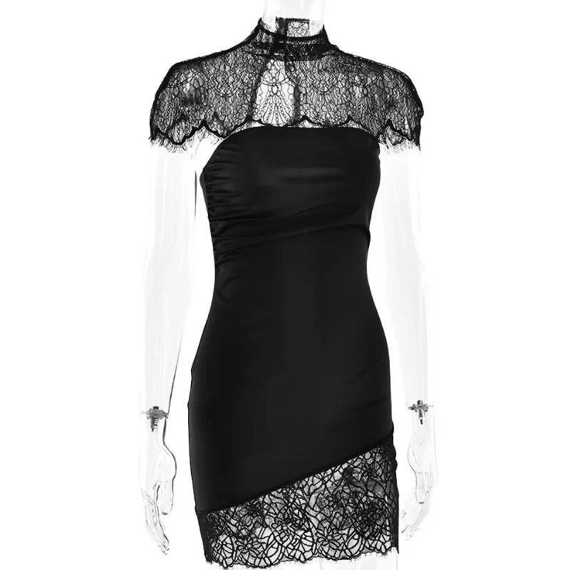 Women Patchwork Sheer Lace Hollow Out Two Piece Set Strapless Turtleneck Slim Elegant Party Evening Dress New Arrival