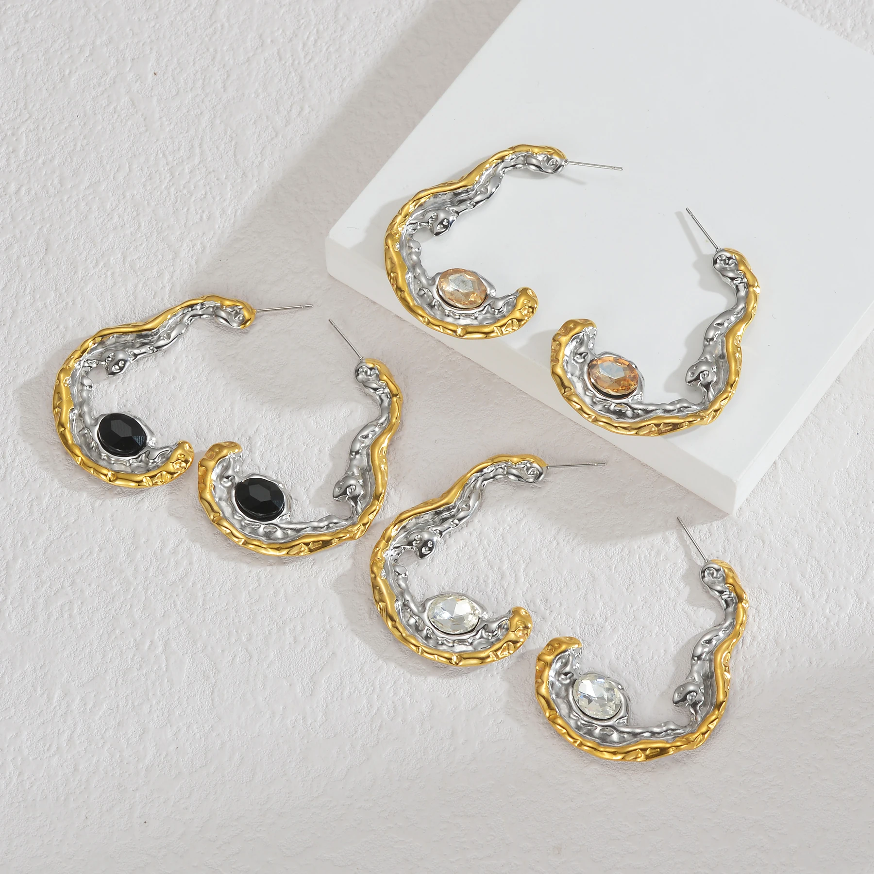 Kissmoon Irregular Textured Inlay zircon Hoop stainless steel Earrings Jewelry for Women Vintage Punk Style Party Jewelry Gift