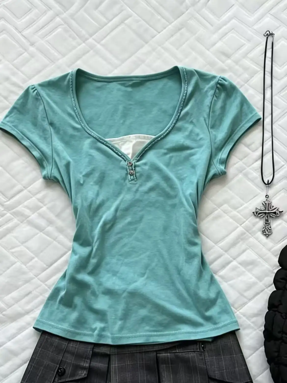 Pure Desire American Vintage Hot Girl Old School Sweet Cool Simple Versatile Slimming Green Short Sleeve Top Ins Aesthetic Tee