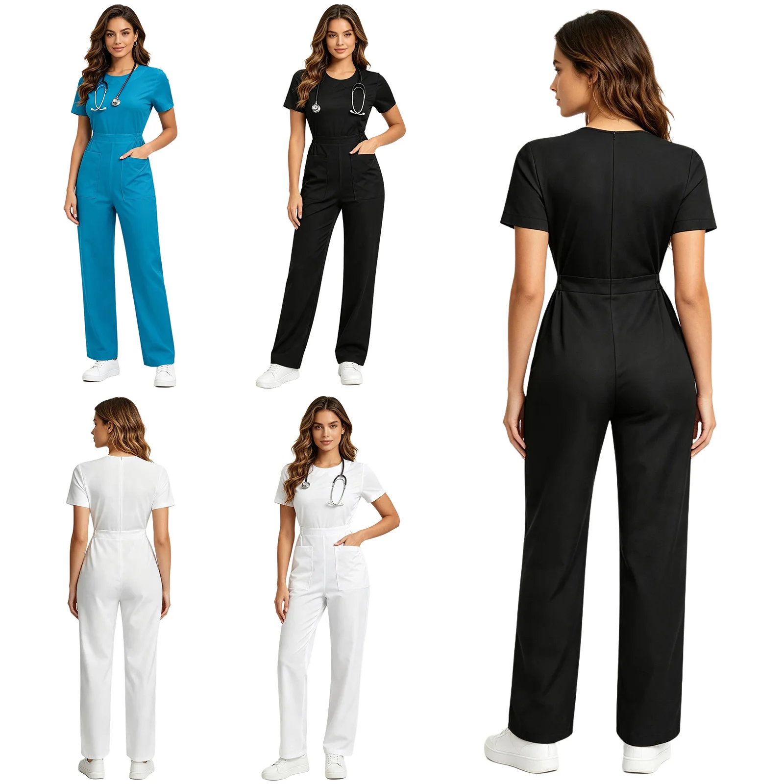Womens Short Sleeve Scrubs Jumpsuit Big Pocket Jogger Straight Wide Leg One-piece Rompers Nurse Doctor Workwear Medical Uniform