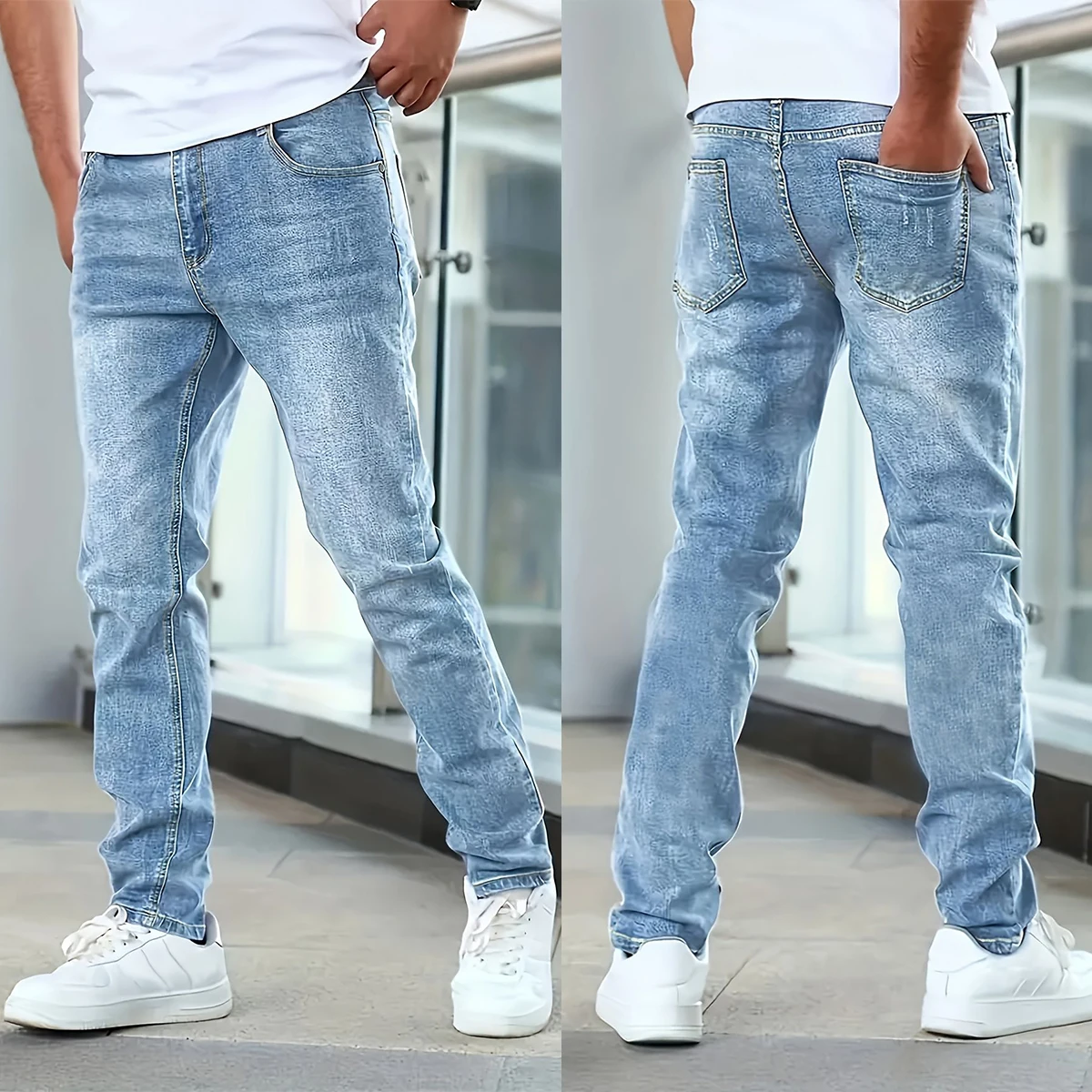 

Men Casual Pencil Jeans Male Elastic Multi Pocket Small Slim High Street Denim Pants Wash Solid Color Mid Waist Cargo Jeans