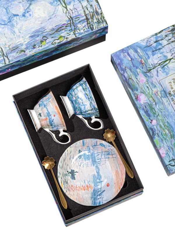 

Набор кофейных чашек из костяного фарфора с росписью маслом в стиле Моне, подарочная коробка, креативный подарок на годовщину свадьбы, День учителя, сувенирная чашка