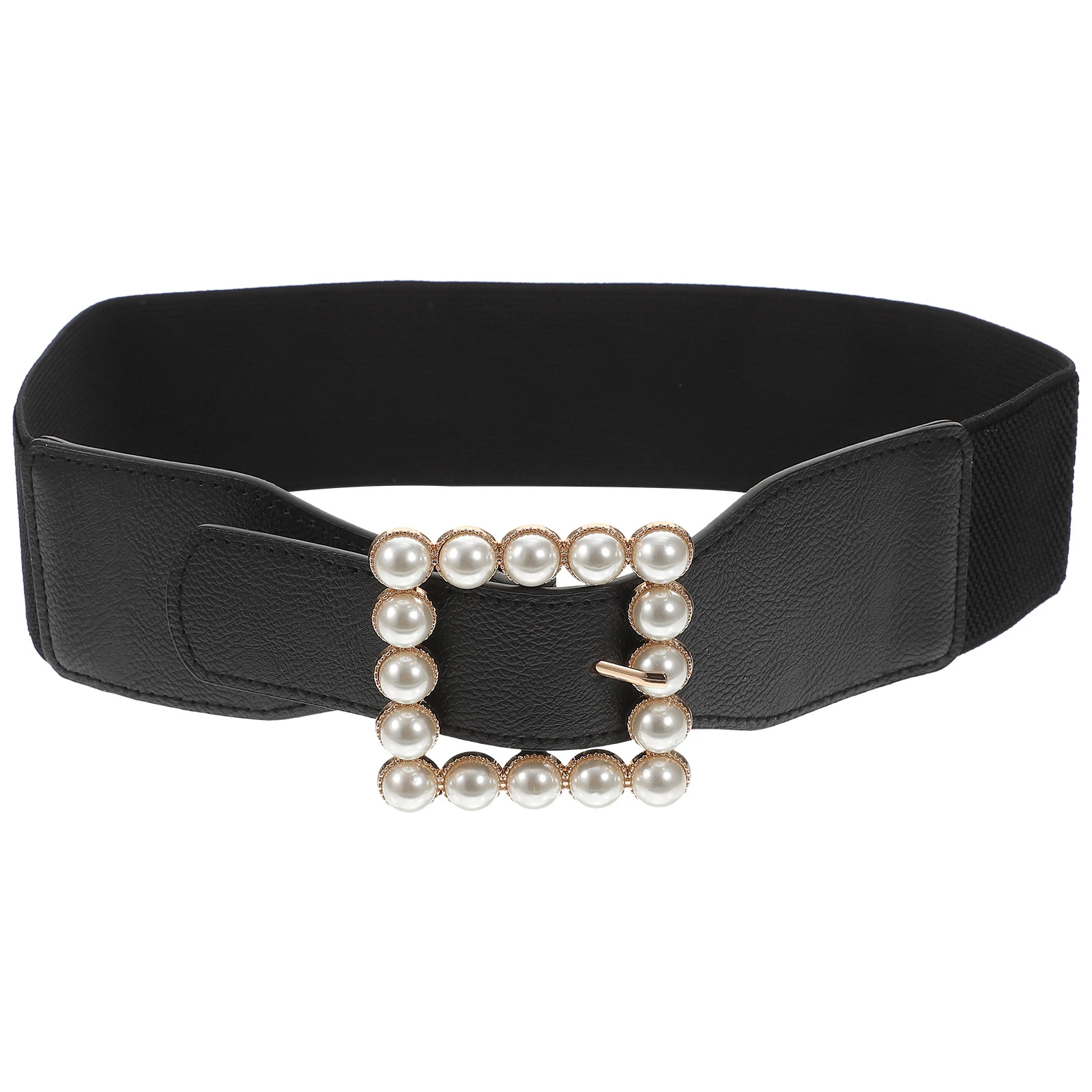 

Pearl Square Buckling Belt Women Korean Version Woman Ladies Black Trendy Belts for Dresses Miss