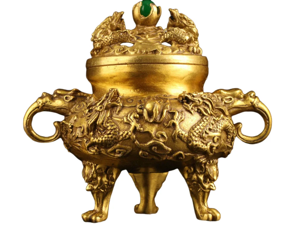 Chinese Brass Dragon incense burner with jade pearls bead lid xuan de mark