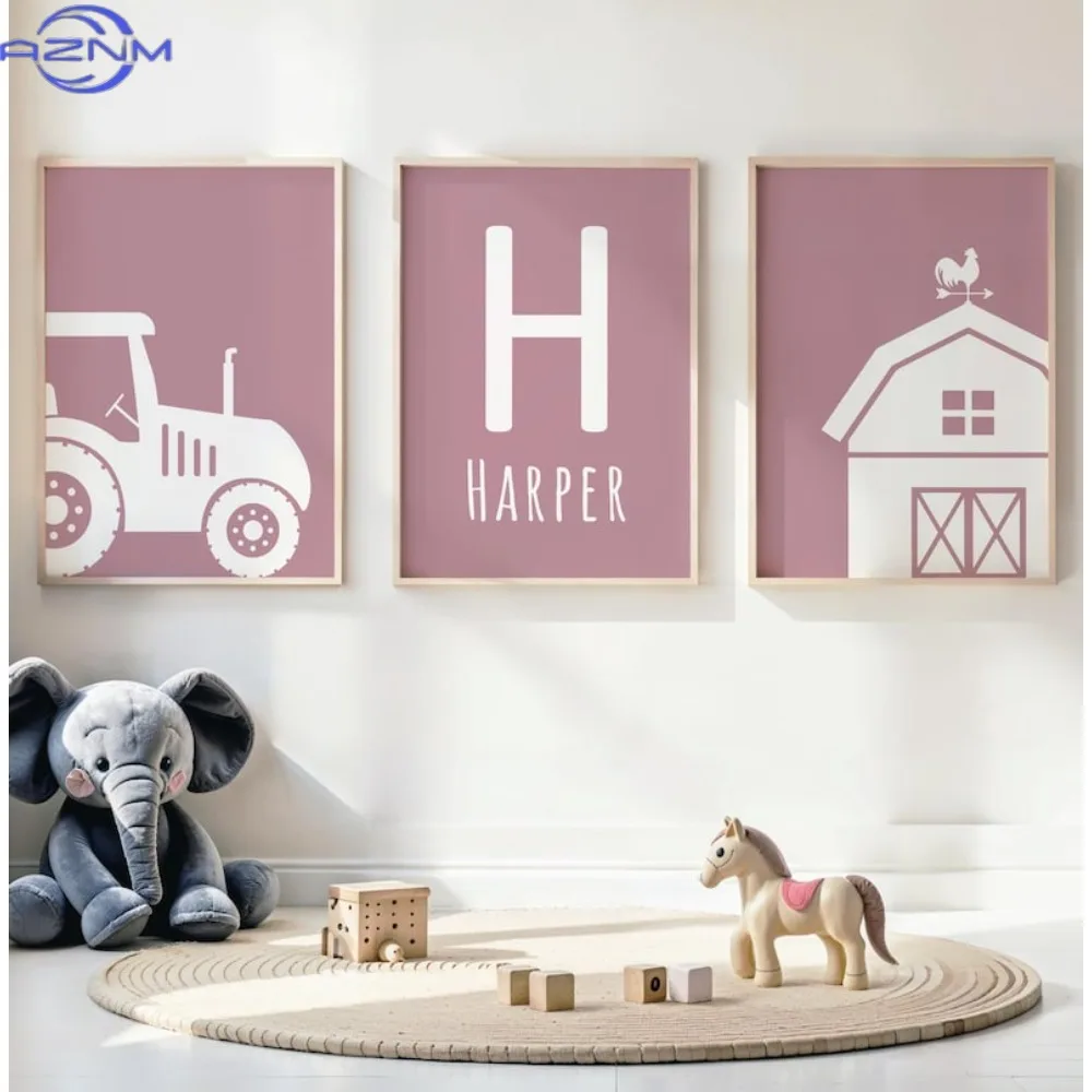 Personalized 2D Flat 3pcs Set, Unframed - Personalized Tractor Barn Nursery Wall Art, Farm Nursery Prints, Kids Construction Wa