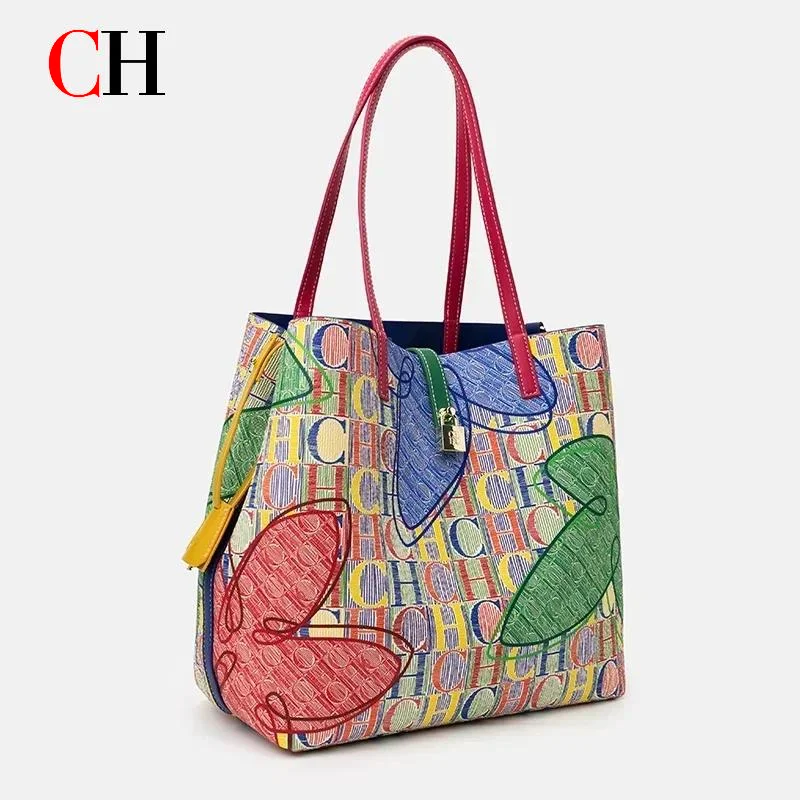 CH Women Tote Bag Colorful Geometric Pattern Large Capacity Shoulder Handbag Fashion Ladies Commute Shopping Shopper Bag