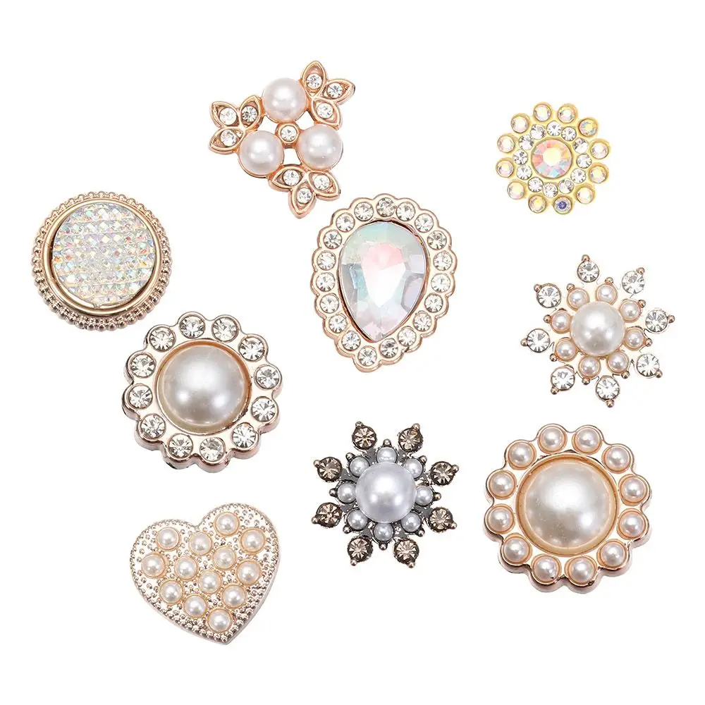 10Pcs Pearl Flower Rhinestone Buttons Sparkling Crystal Headwear Accessories Hairpins Decoration Clothes Sewing Tools