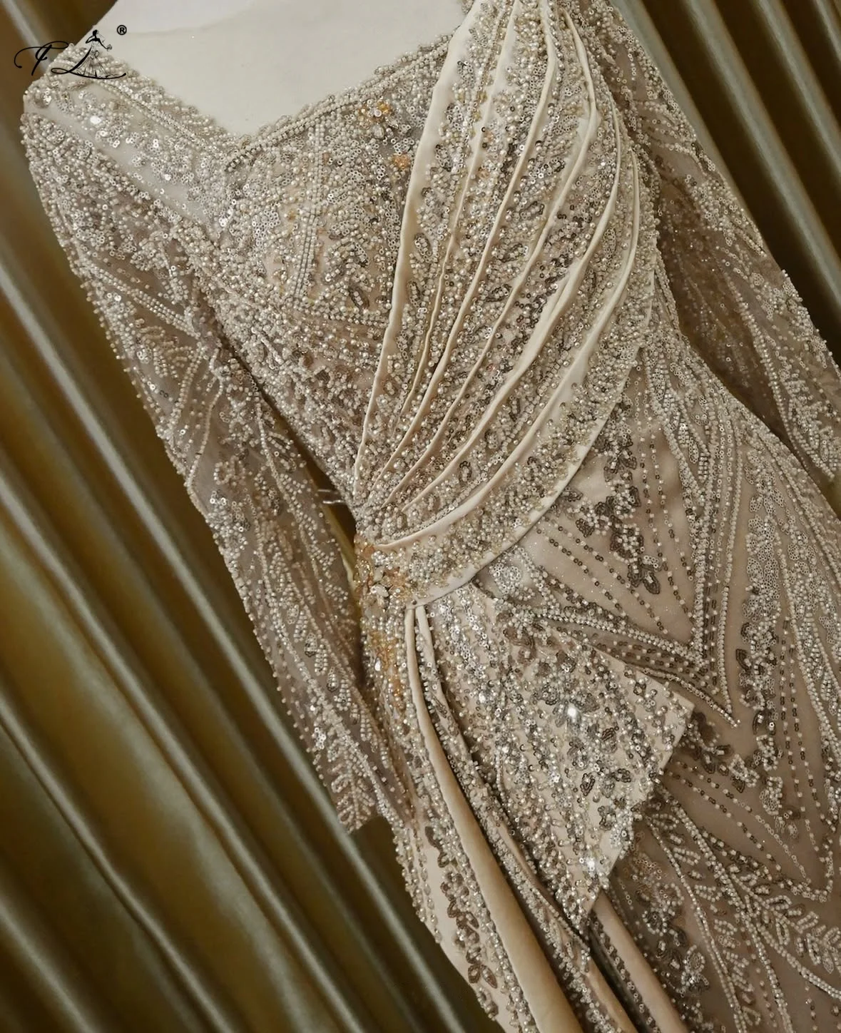 Long Sleeve Evening Gown With Beaded Sequins Khaki Square Neck Pleated Straight Dress Train Formal Dress Bride's Mother's Dress