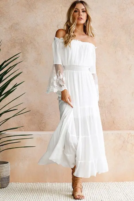 Boho robe blanc Sexy hors de l'épaule plage robe d'été Flare à manches longues épissure dentelle femmes robes d'été robes