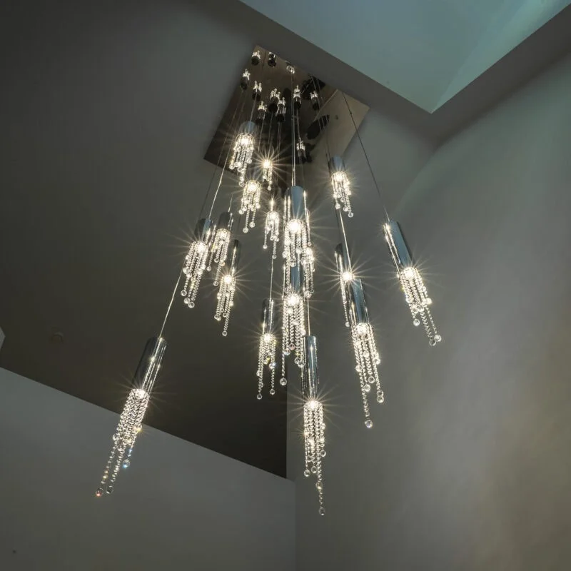 

Modern attic chandelier living room interior ceiling gloss led crystal lights staircase hanging fixtures long chandelier