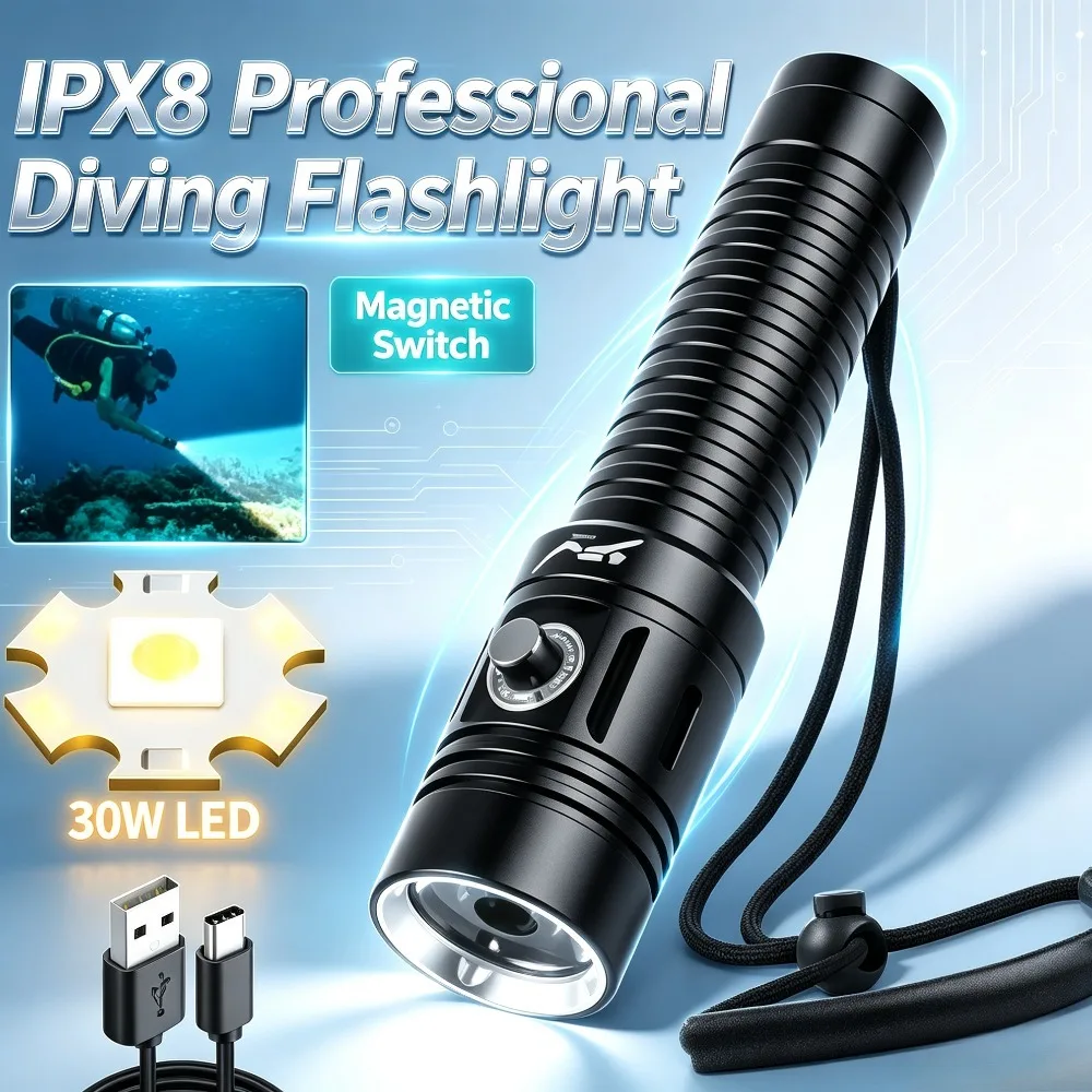 Professional LED Diving Flashlight New Type‑C Rechargeable Torch with Built‑in Battery for Deep Underwater Diving Activities
