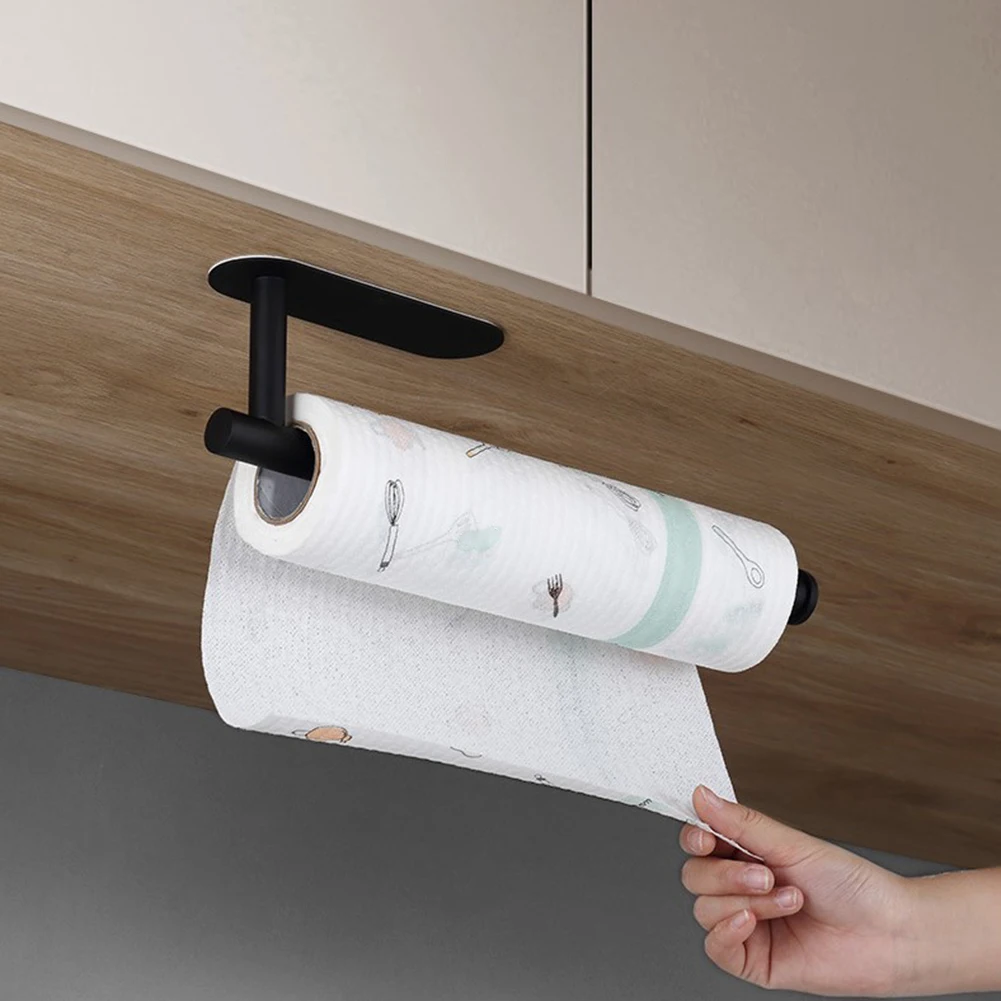 Adhesive Paper Towel Holder Under Cabinet Wall Mount for Kitchen Paper Towel, Black Paper Towel Roll Holder Stick to Wall