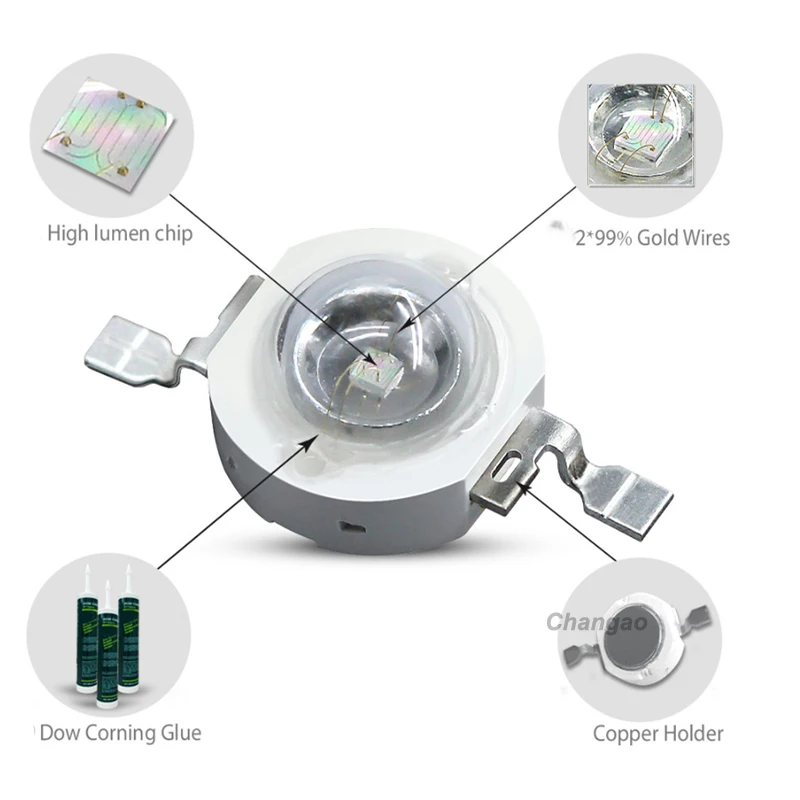 100 قطعة/الوحدة 3 واط 630nm/660nm/465nm/455nm/475nm/485nm/530nm/600nm/605nm/400nm/490nm الملونة RGBY عالية الطاقة المصابيح
