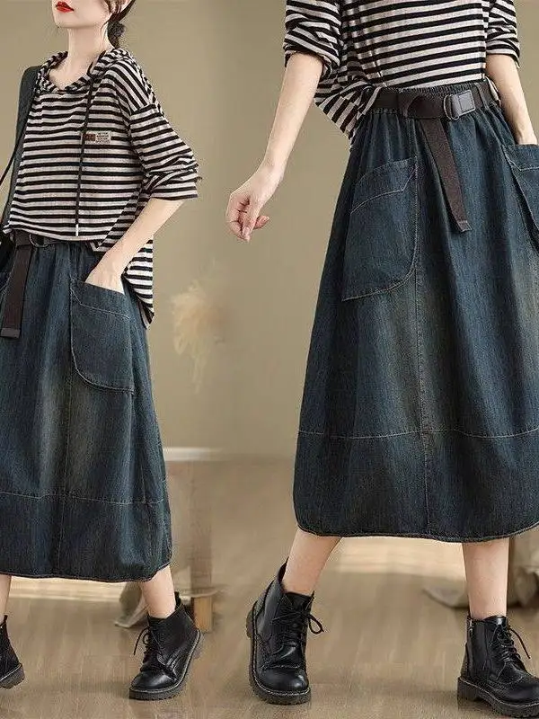 

Модная джинсовая юбка А-силуэта миди для женщин, весенне-осенняя, с высокой талией, свободного кроя, на резинке