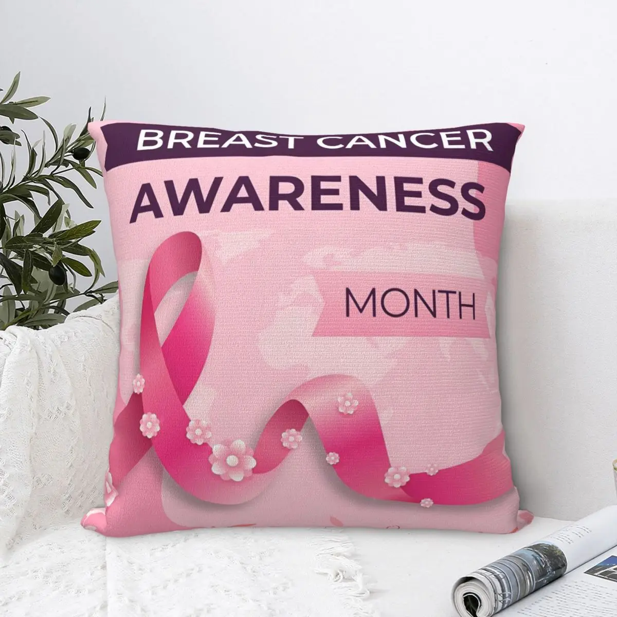 Breast Cancer Awareness Month Square Pillow Covers Home Ribbon Cushion Cover Funny Decorative Throw Pillow Case 45*45